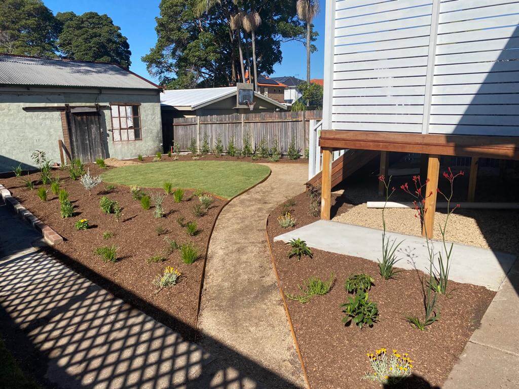 Finished Forestville garden with new planting, lawn and stepping-stone path