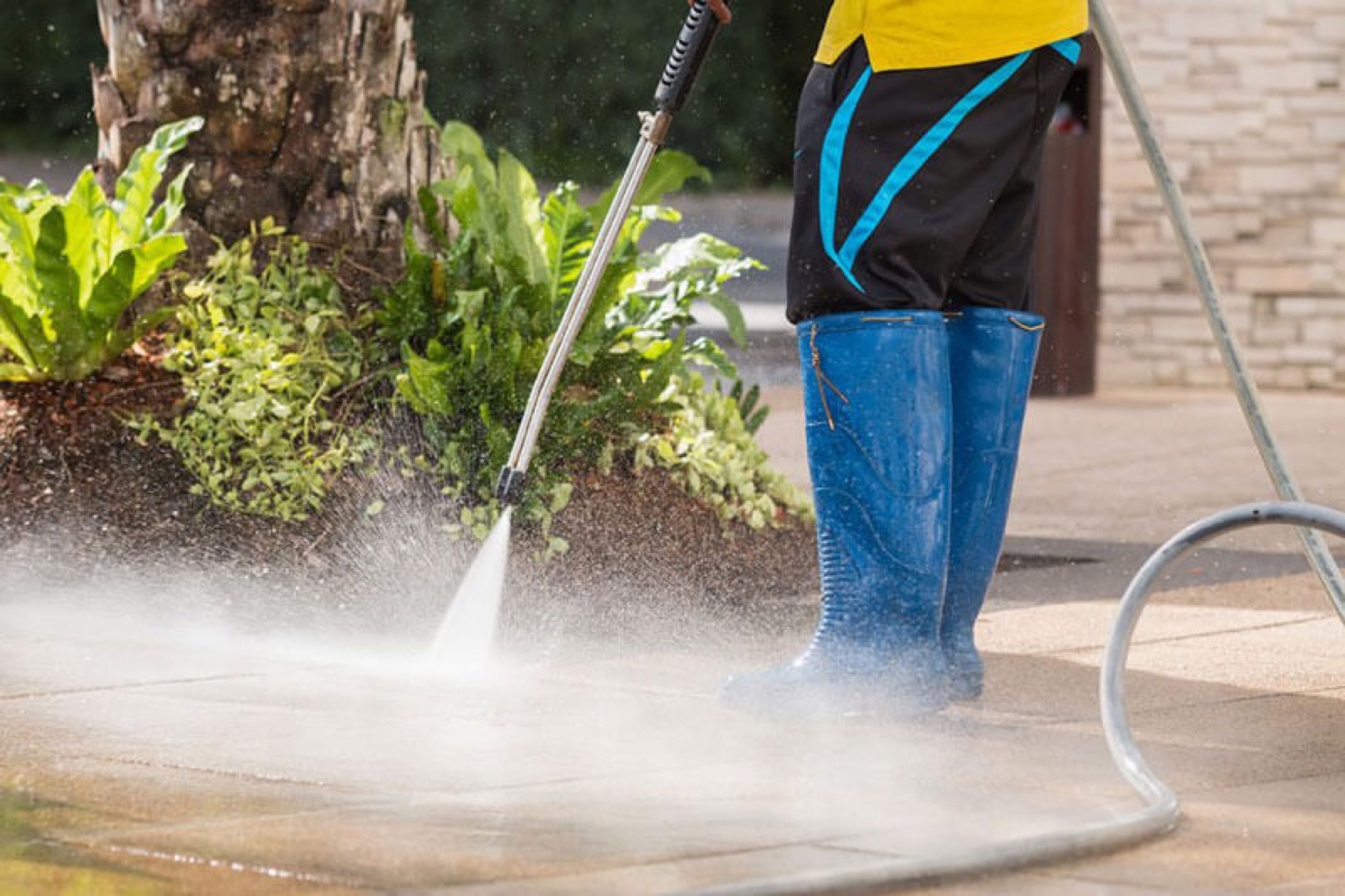 Worker pressure cleaning concrete beside a garden bed